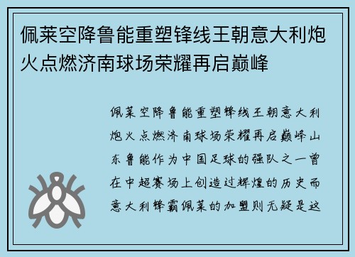 佩莱空降鲁能重塑锋线王朝意大利炮火点燃济南球场荣耀再启巅峰