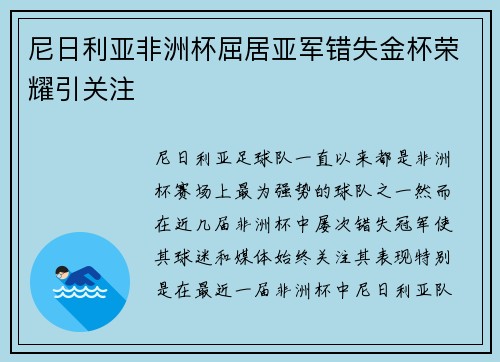 尼日利亚非洲杯屈居亚军错失金杯荣耀引关注